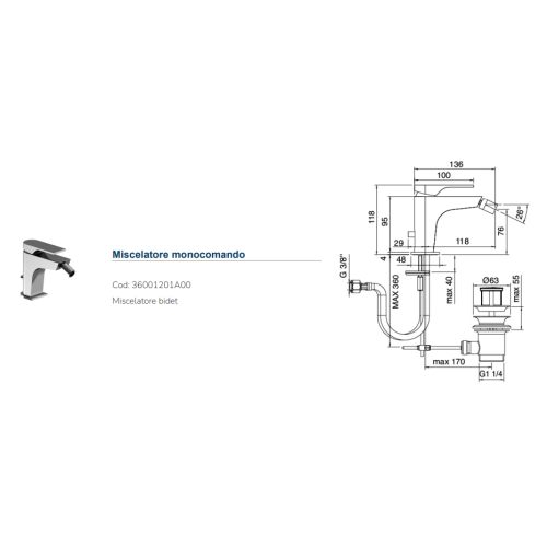 Miscelatore bidet con scarico Zazzeri